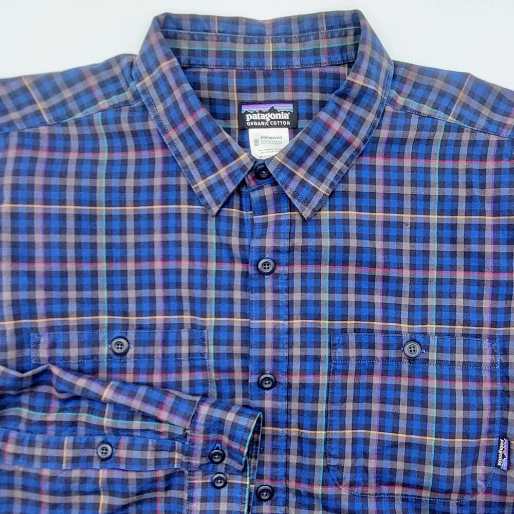 Patagonia Organic Cotton Men's XL Long Sleeve Shirt Blue Plaid Lightweight